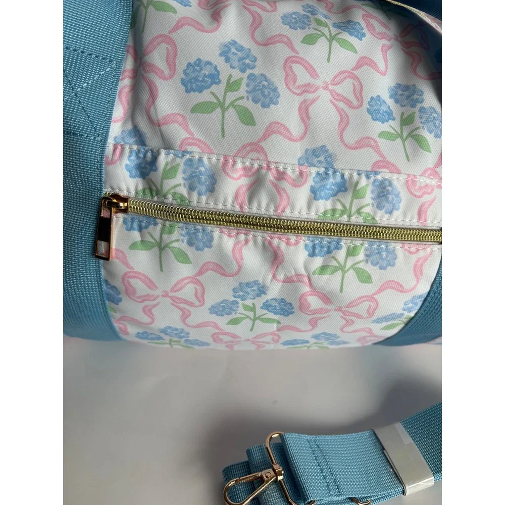 Blue Floral Pink Bow‎ Ruffle Duffel Bag Travel Carry On Weekender Gym Bag 18x10